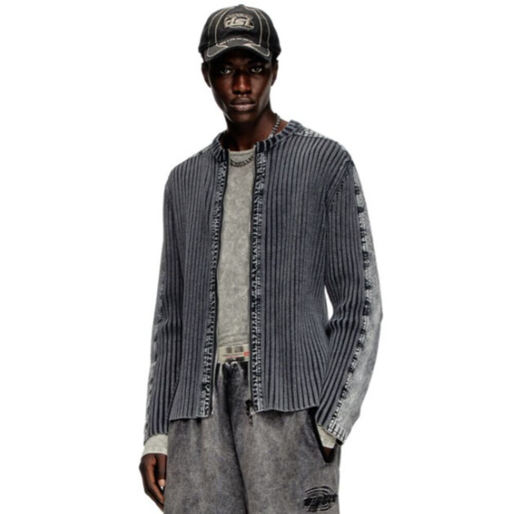 DIESEL | K-Matty Contrast Panel Zip-Up Cardigan Acid Wash Rib Knit Jacket XXL